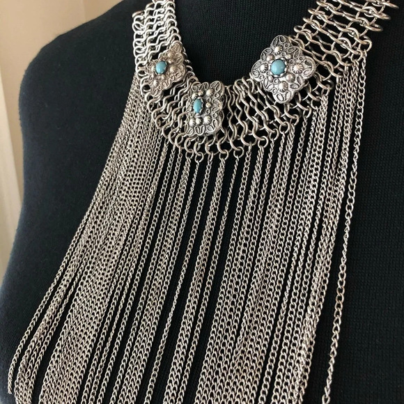 Silver tone faux turquoise multi chain necklace - Picture 3 of 7